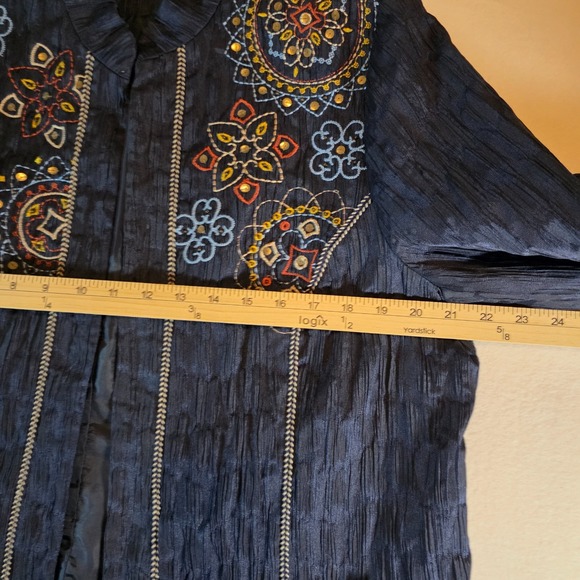 Alfred Dunner Womens 16 Navy Embroidered Sequin Open Front Lined Boho Jacket - Picture 9 of 10